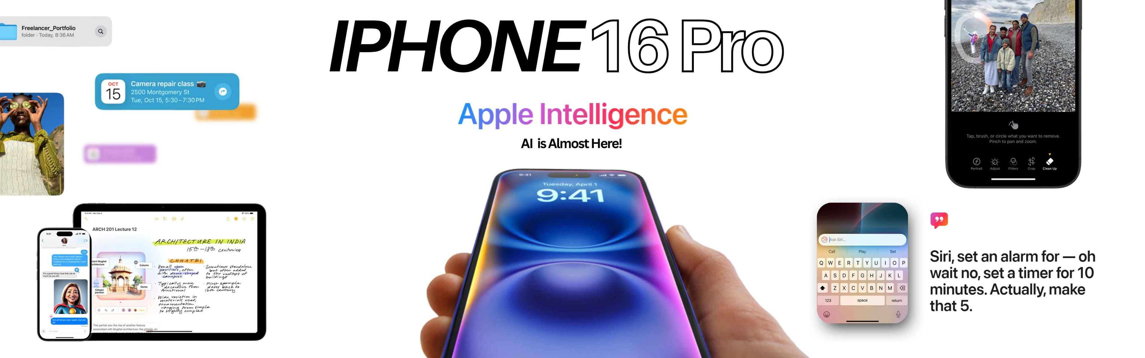 iPhone 16 Pro with Apple Intelligence AI features like smart photo cleanup, voice memory, Siri 2.0, and GenAI tools